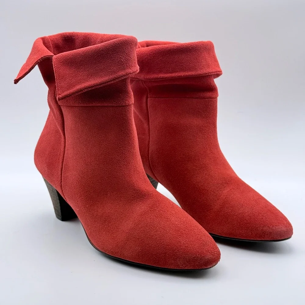 Free People Suede Ankle Boots Women 36 Red Fold Over Cuff Pointed Toe Cone Heel